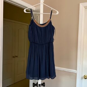 Blue Sleeveless Dress with Colorful Trim